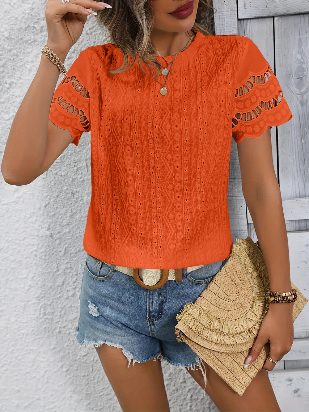 Full Size Eyelet Round Neck Short Sleeve Top, image 2