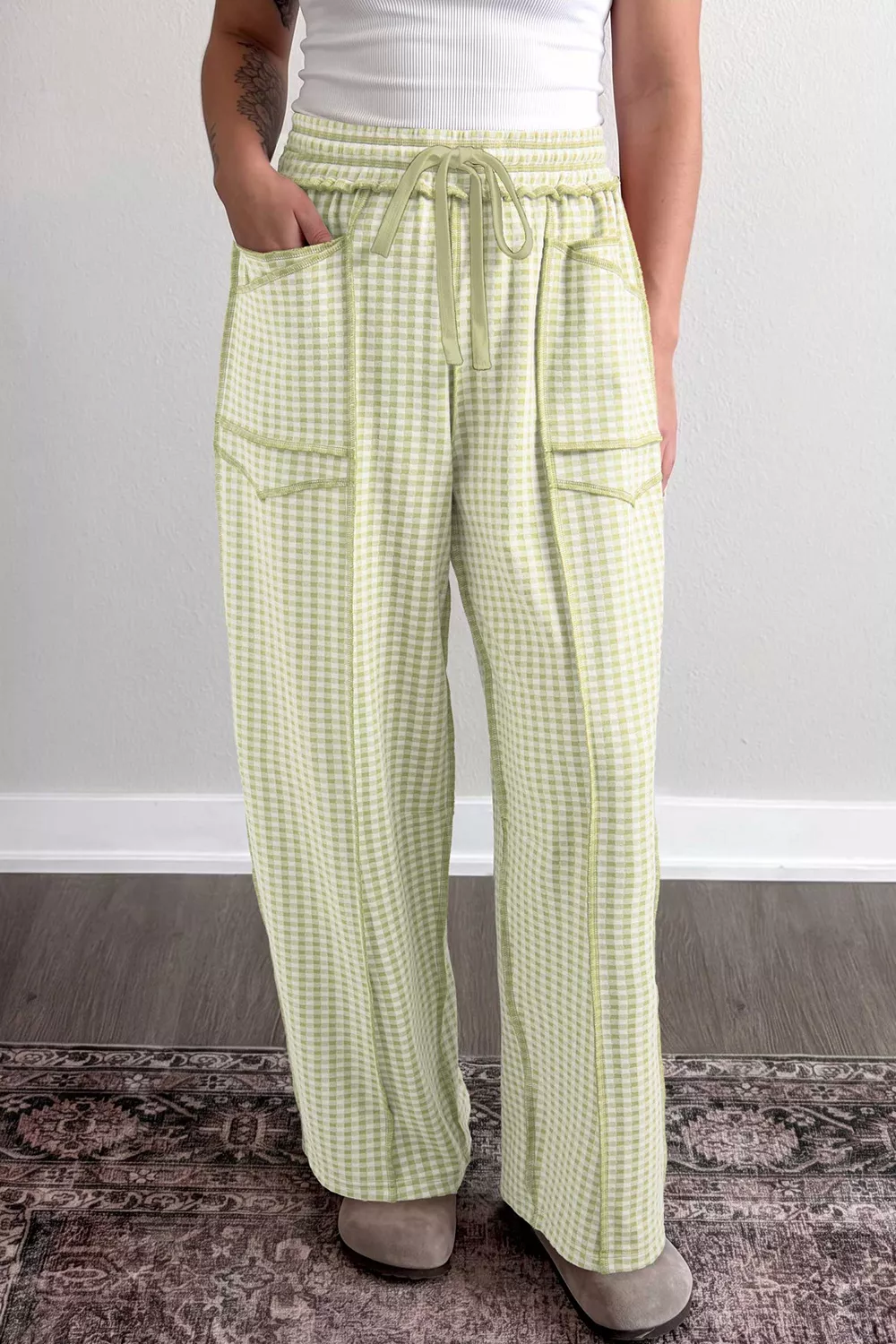 Gingham High-Waisted Drawstring Wide-Leg Pants