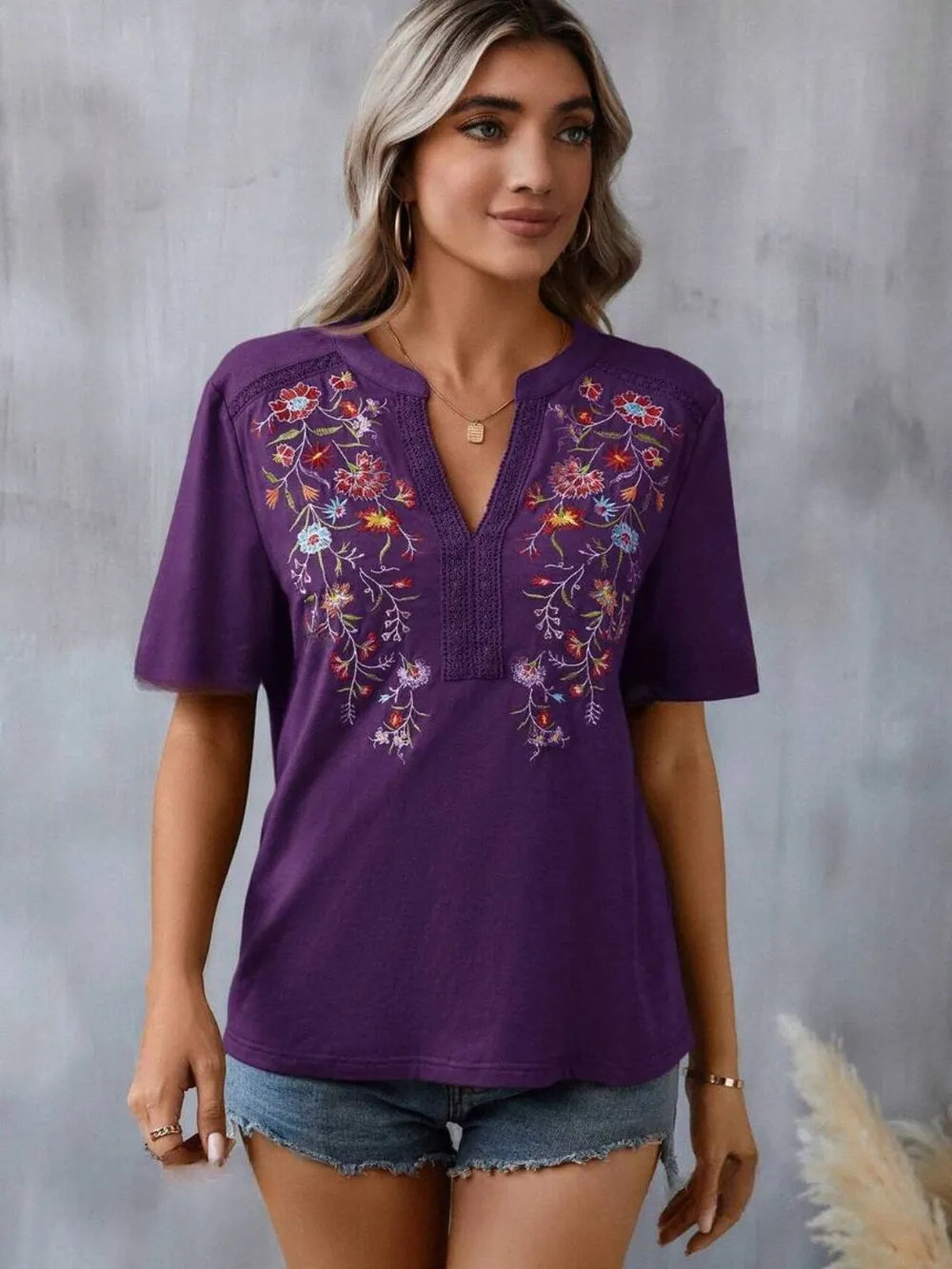 Embroidered Notched Short Sleeve T-Shirt, image 2