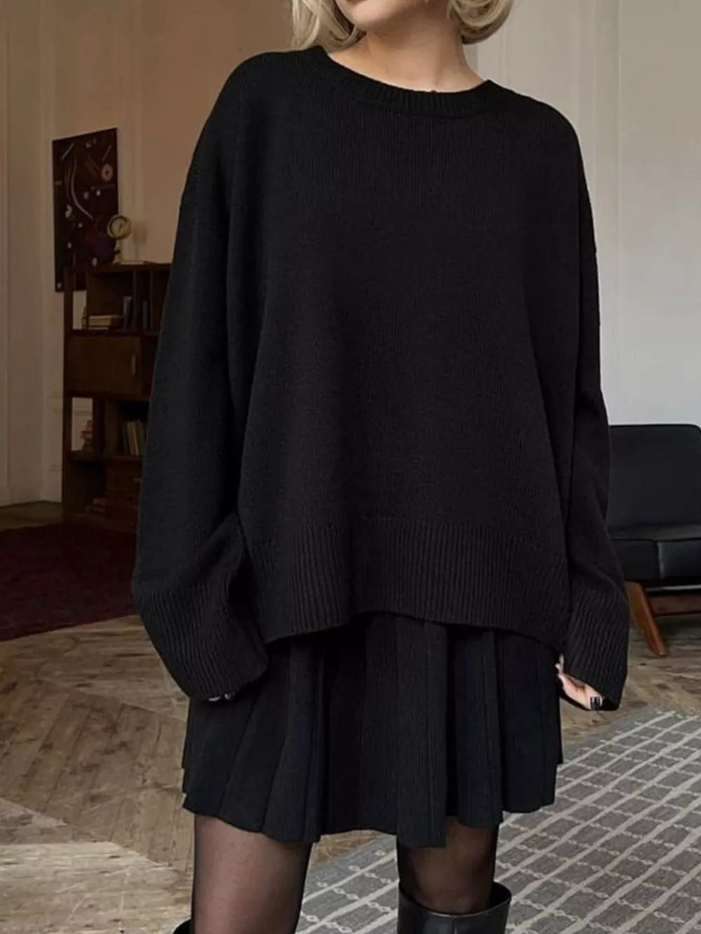 Round Neck Top and Pleated Skirt Sweater Set, image 10