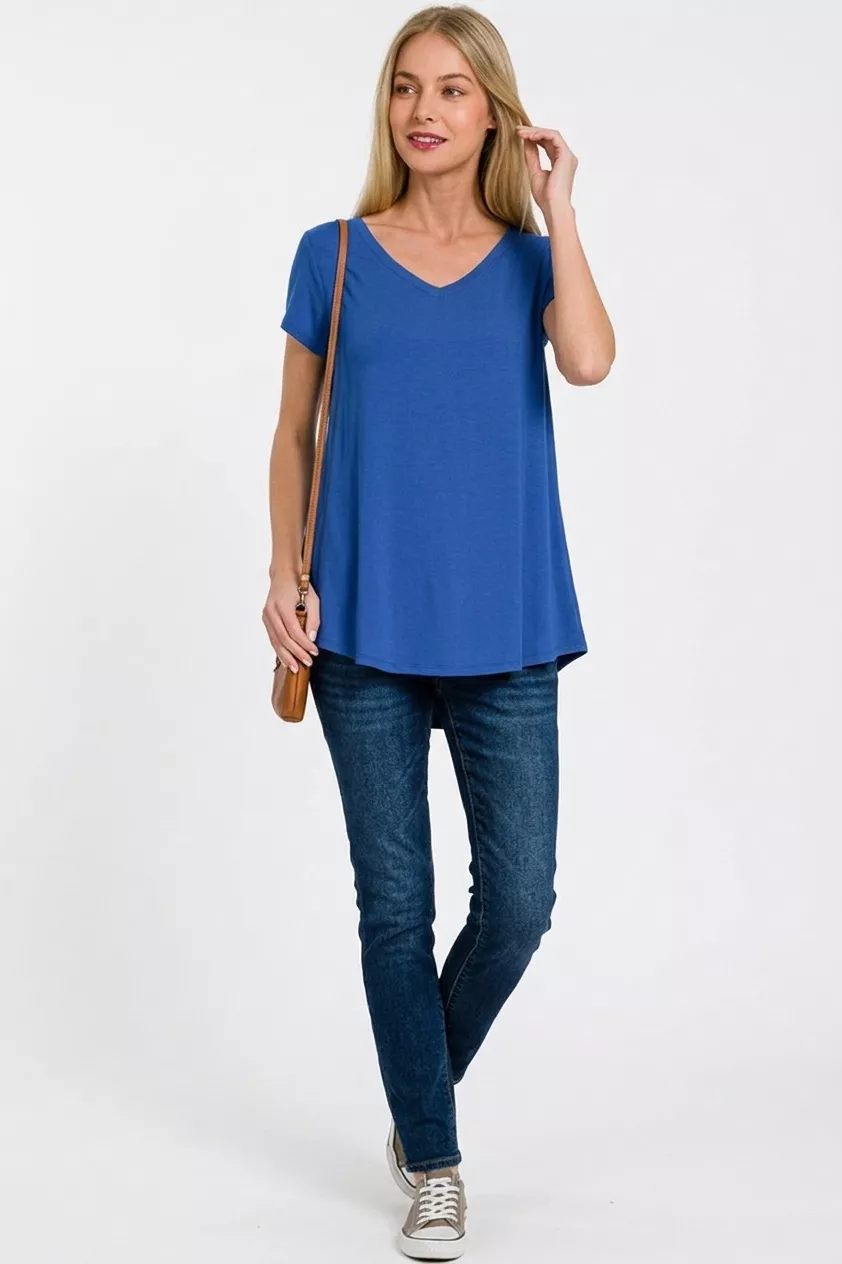 Rayon Short Sleeve V-neck Round Hem Top, image 2