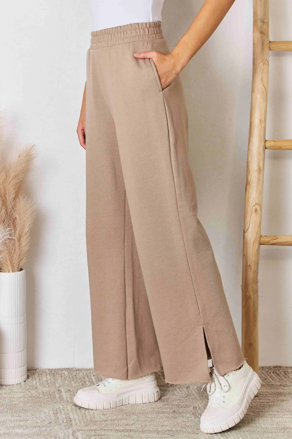 Wide Waistband Slit Wide Leg Pants, image 2