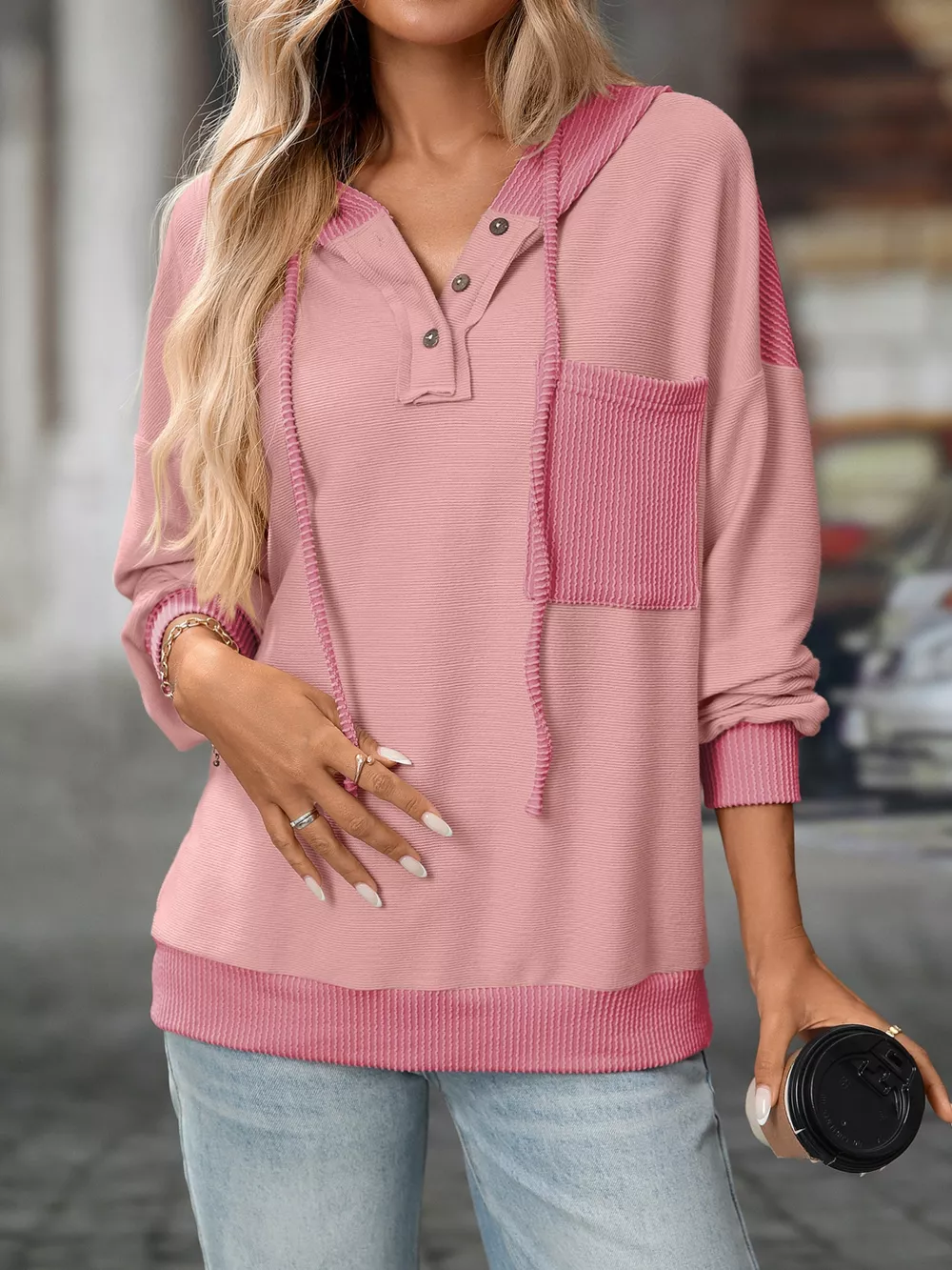 Casual Color Block Button Detail Hoodie, image 7