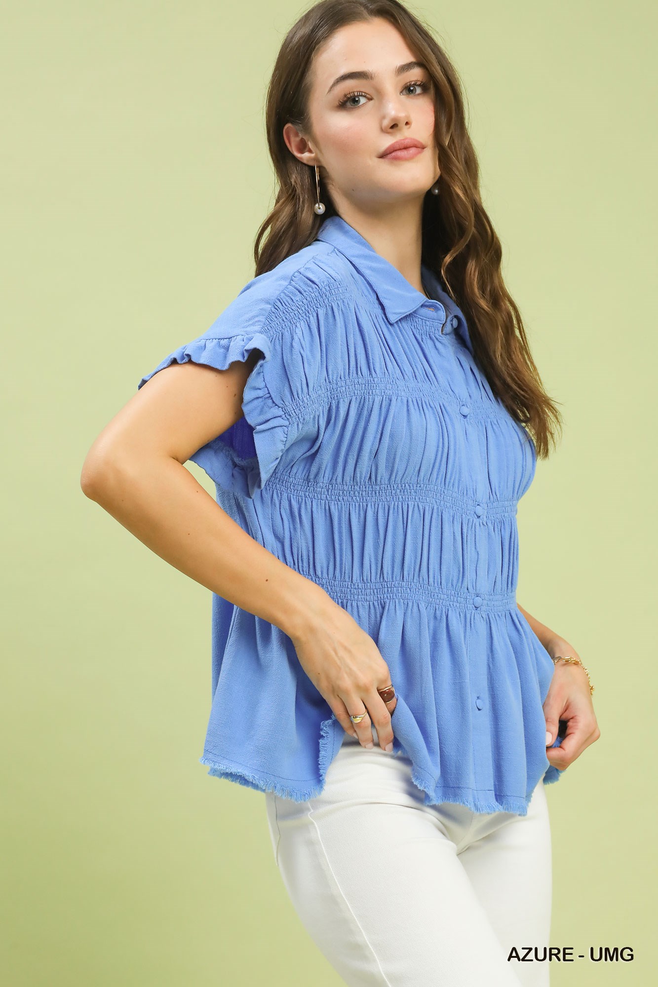 Washed Linen Blend Smocked Shirt, image 2
