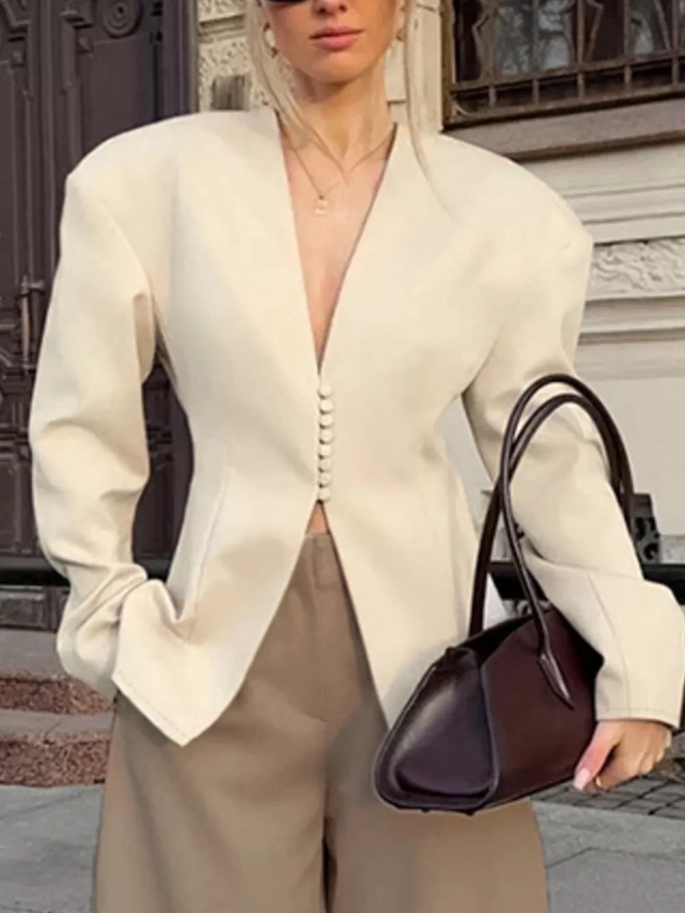V-Neck Button-Up Blazer with Structured Shoulders, image 5