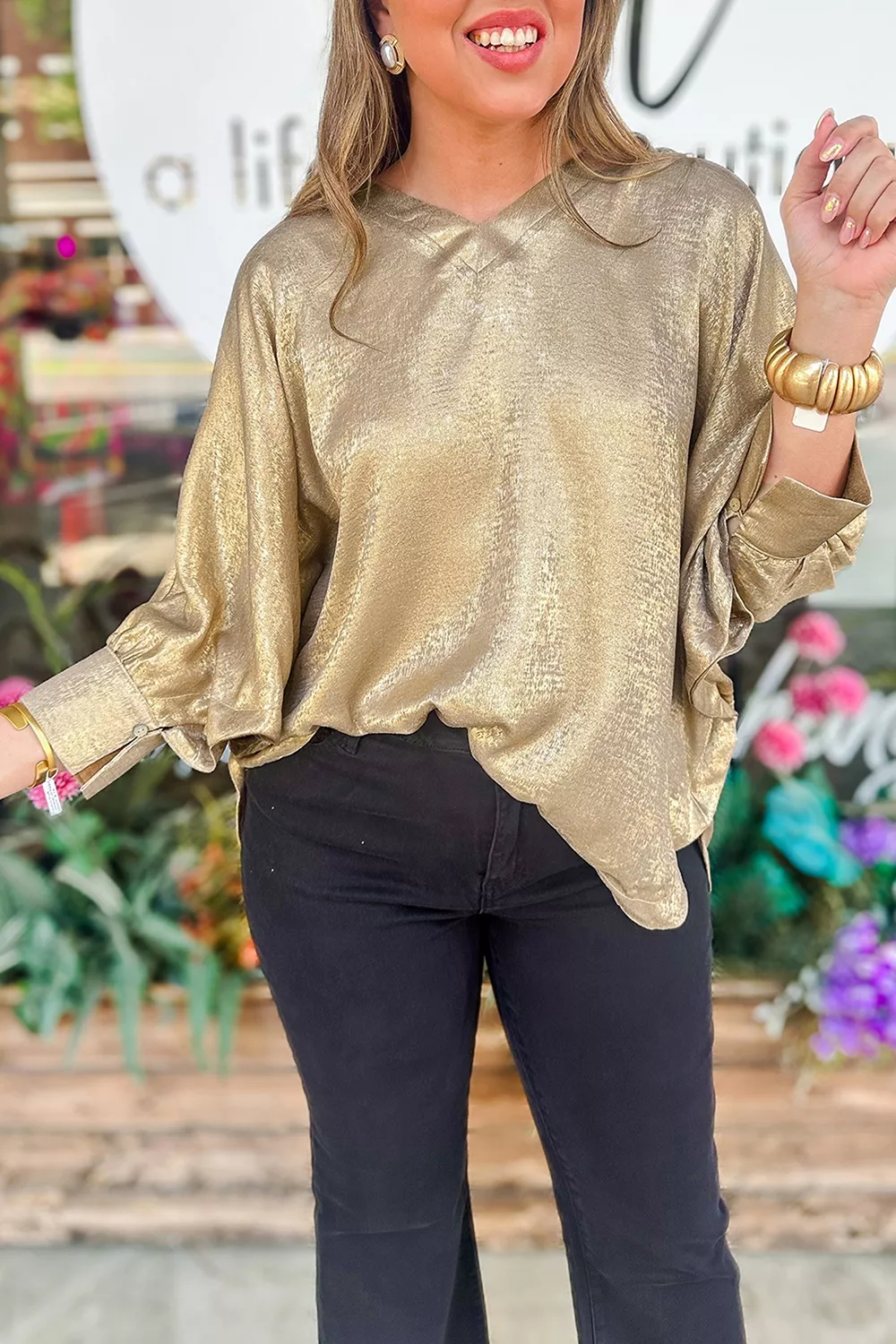 Metallic V Neck Button Cuffed Long Sleeve Dolman Blouse, image 3