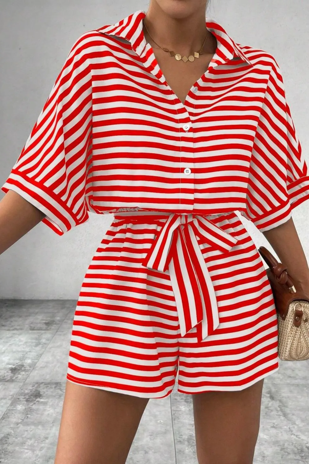 Striped Collared Neck Tie Waist Romper, image 2