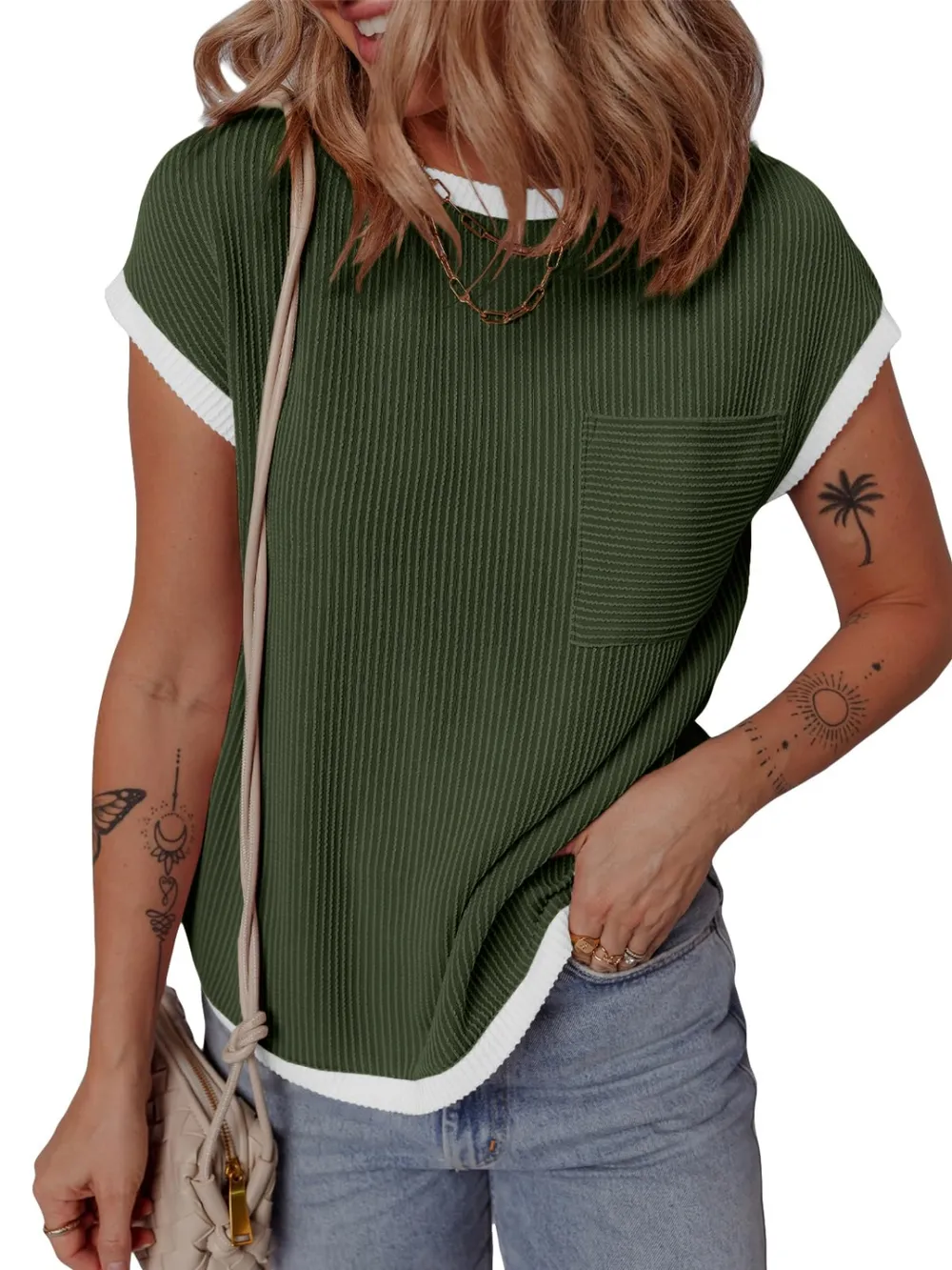 Contrast Trim Round Neck Short Sleeve T-Shirt, image 4