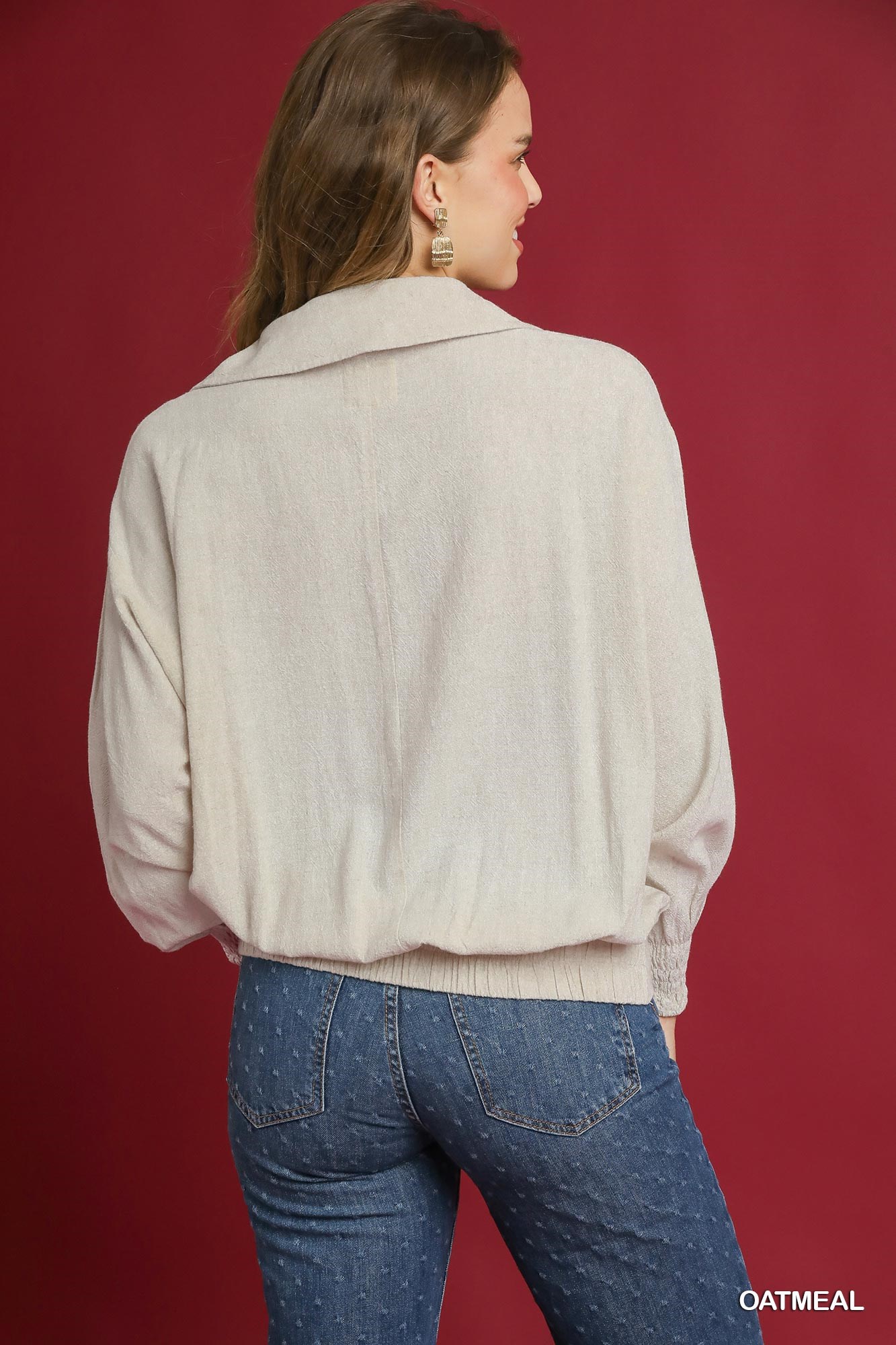 Linen Long Sleeves Elastic Hem Blouse, image 2