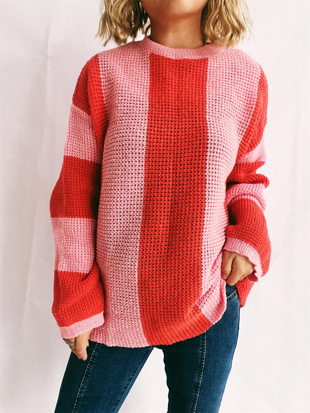 Color Block Round Neck Long Sleeve Sweater, image 6