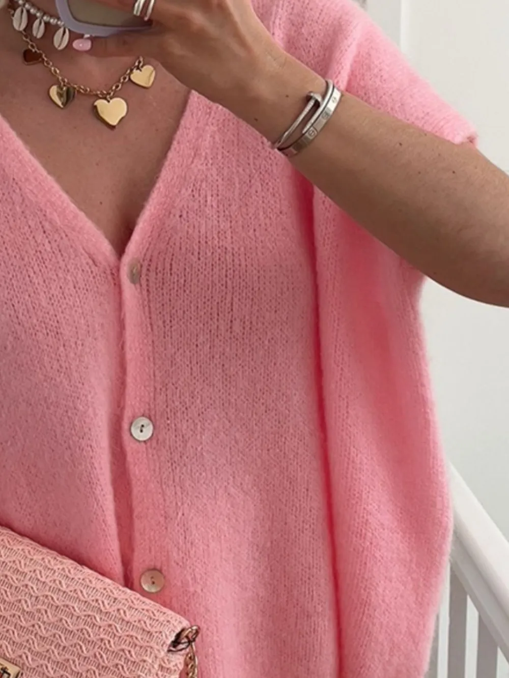 V-Neck Button Up Short Sleeve Cardigan, image 2