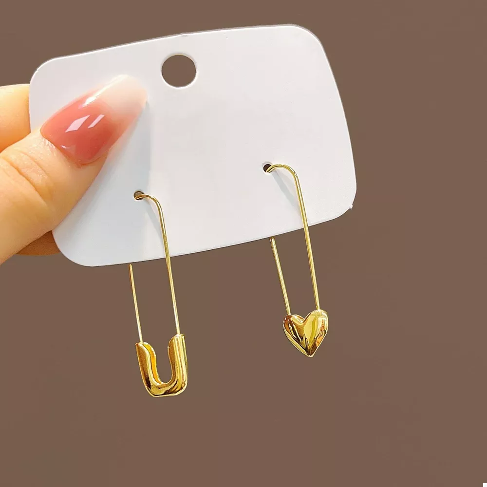 18K Gold-Plated Alloy Heart Safety Pin Drop Earrings, image 2