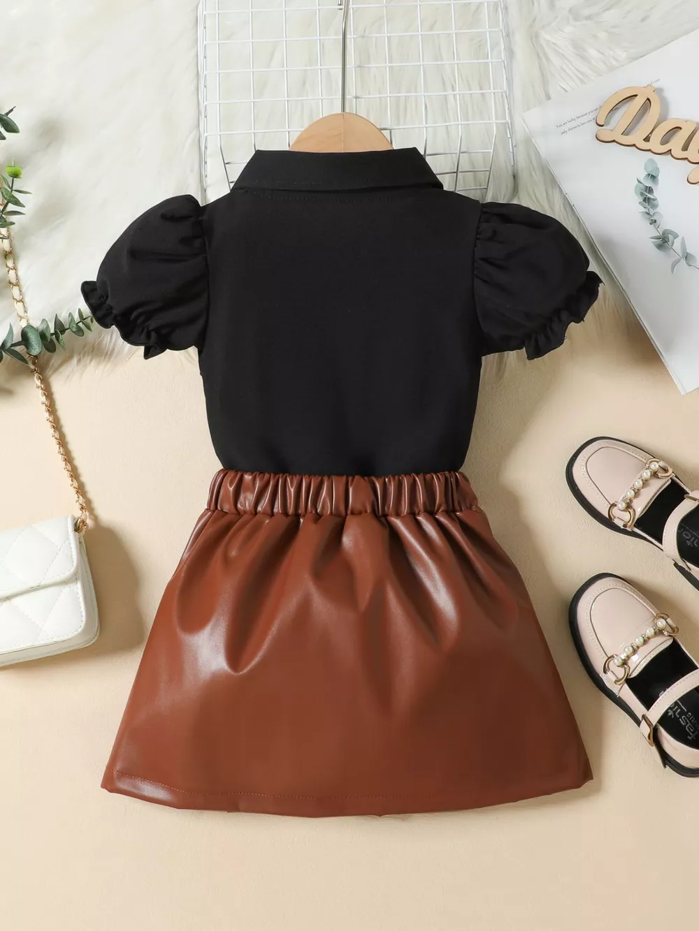 Children's Ruffle Trim Puff Sleeve Top & Pleated Skirt Set, image 11