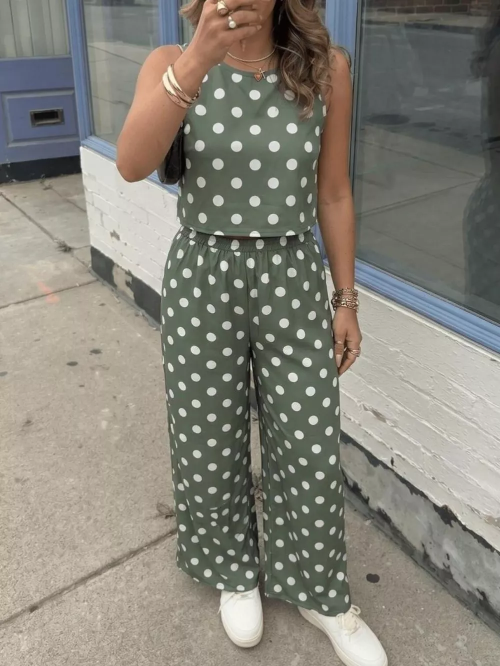 Polka Dot Sleeveless Top and Wide Leg Pants Set, image 4