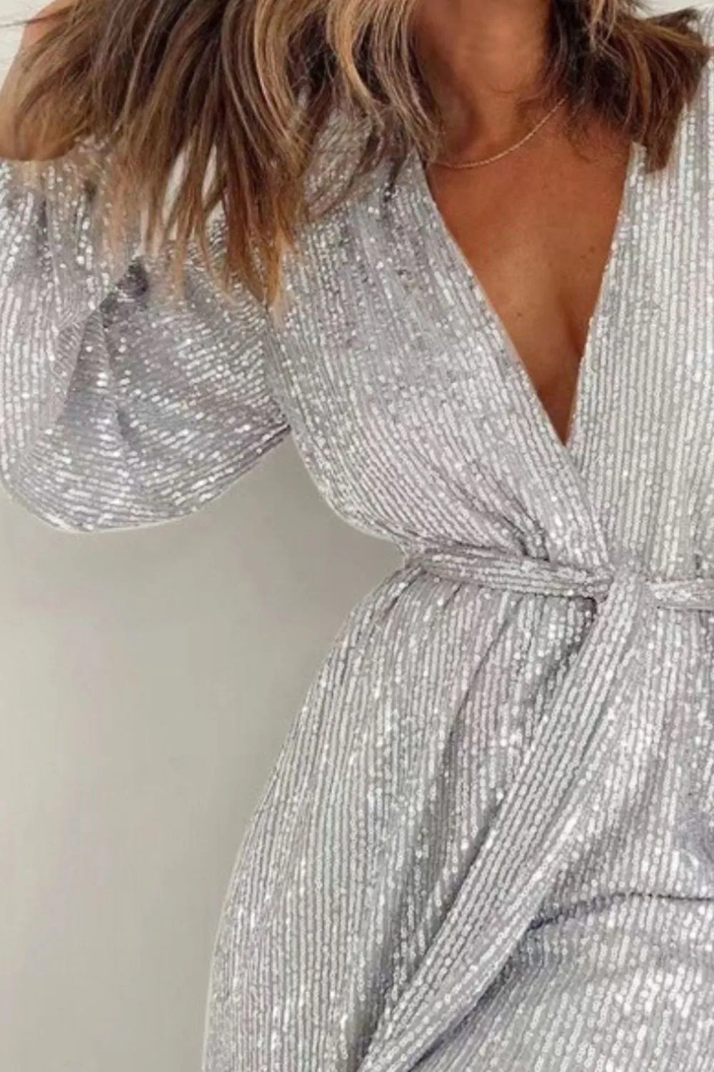 Full Size Sequin Surplice Tie Waist Long Sleeve Romper, image 3