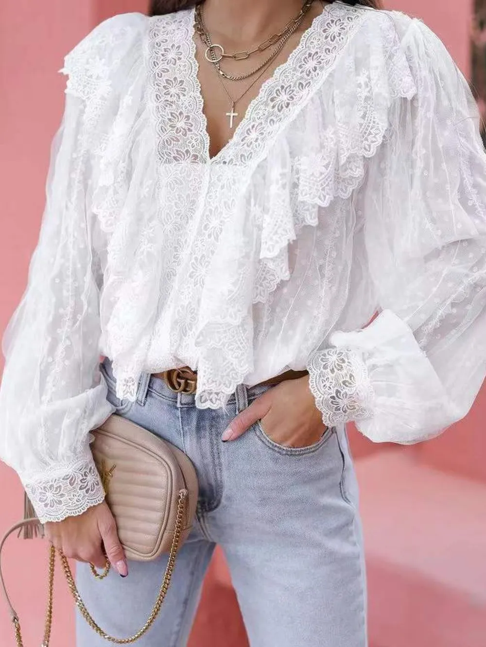 Lace Trim Ruffle V-Neck Long Sleeve Blouse, image 5