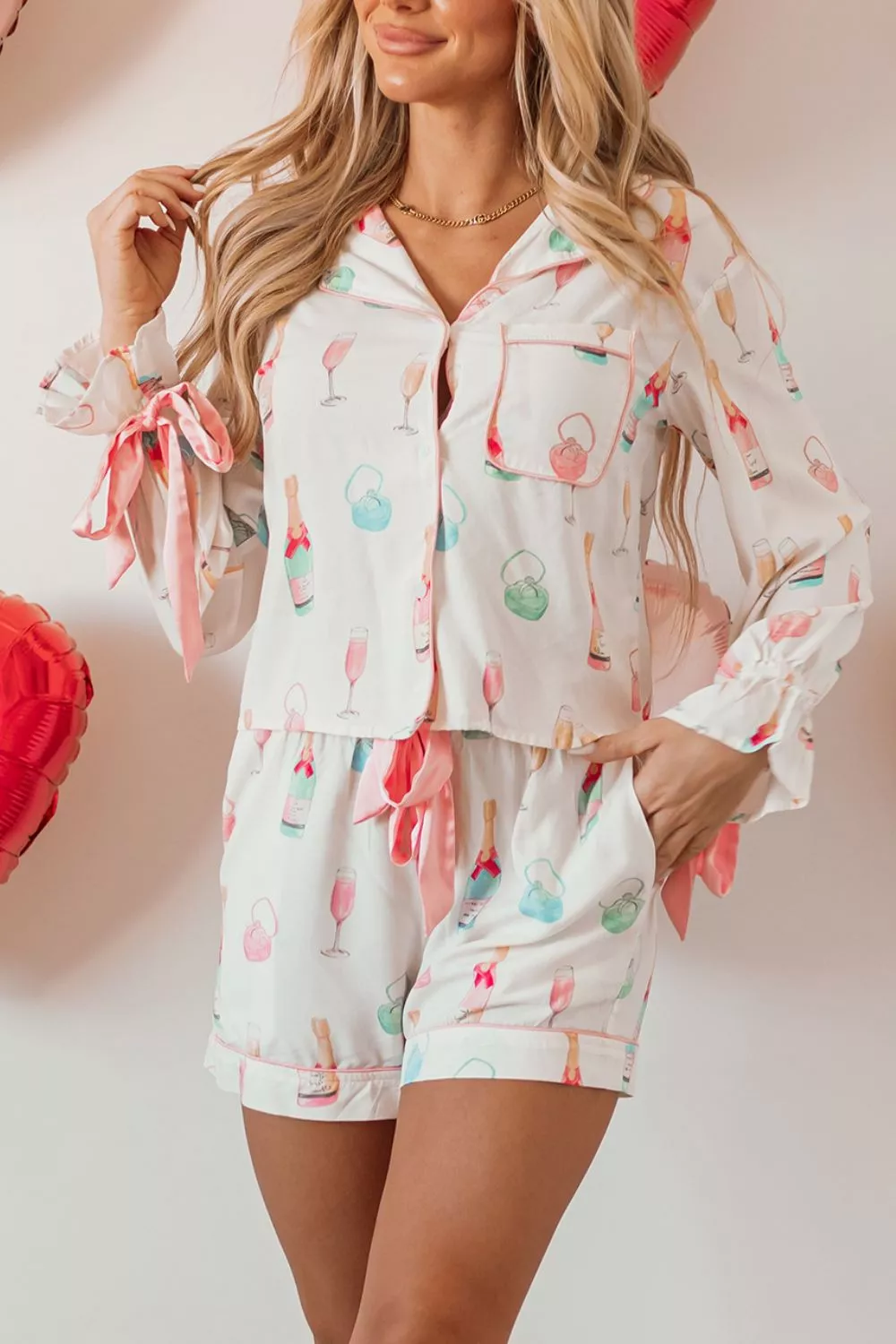 Bow Printed Collared Neck Top and Drawstring Shorts Lounge Set, image 2