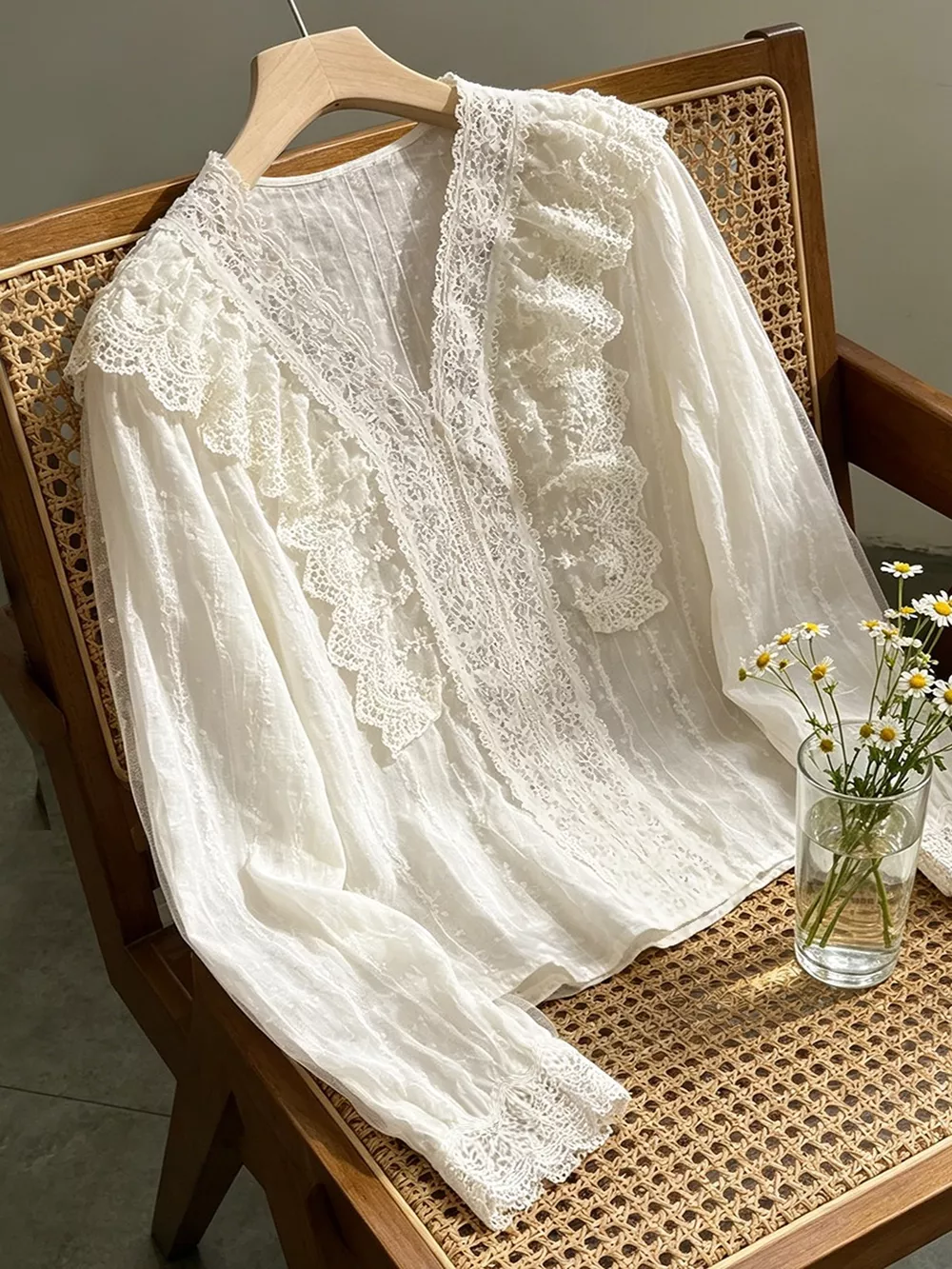 V-Neck Lace Ruffle Sheer Blouse, image 2