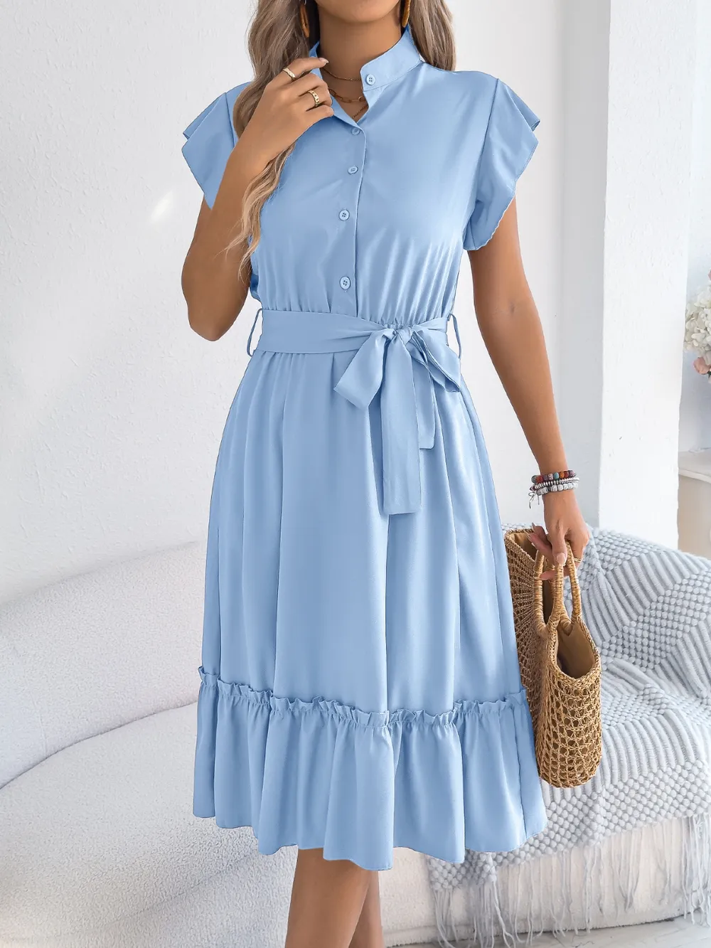 Tie Waist Ruffled Cap Sleeve Dress, image 2