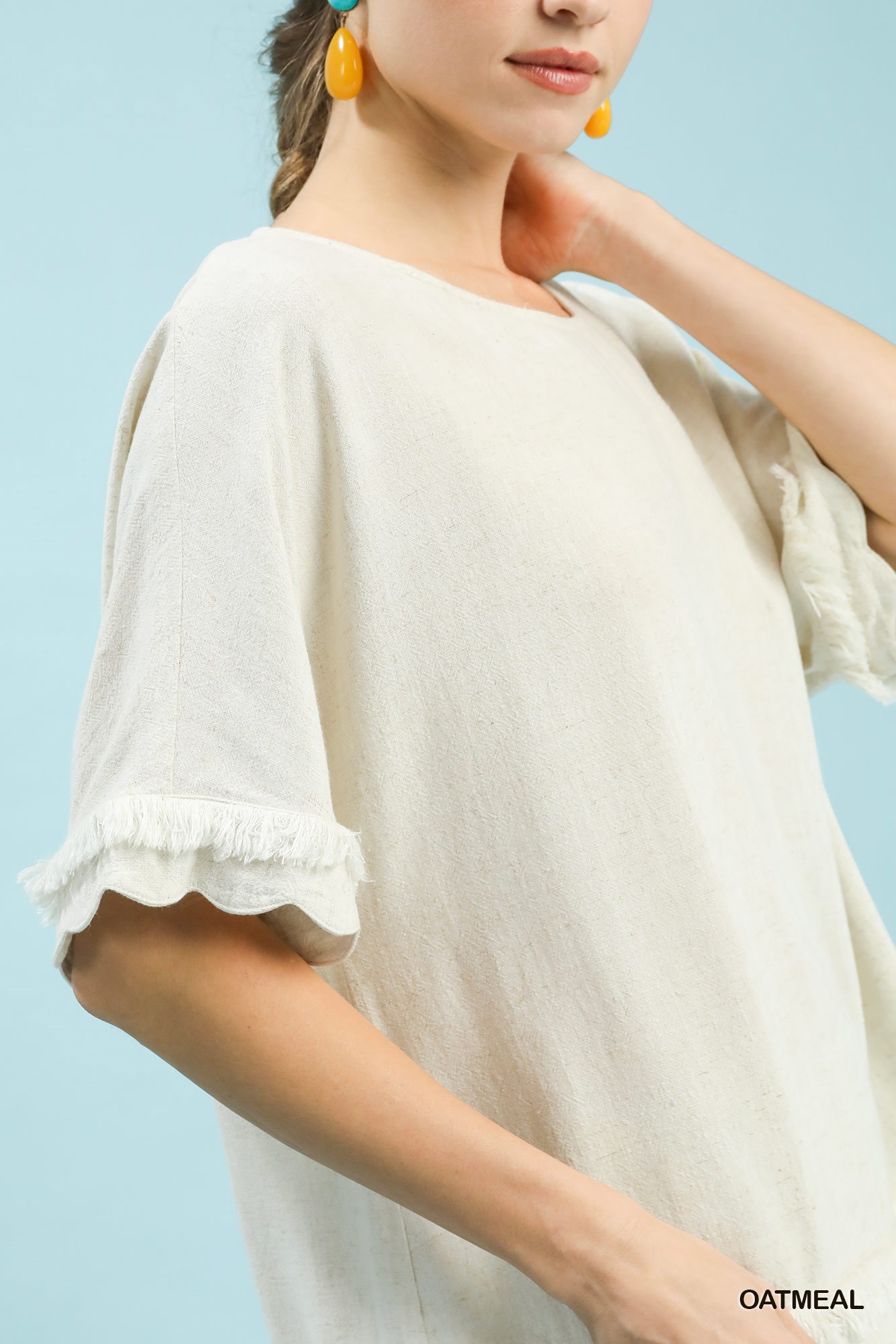 Linen Frayed Hem Scallop Edge Top, image 2
