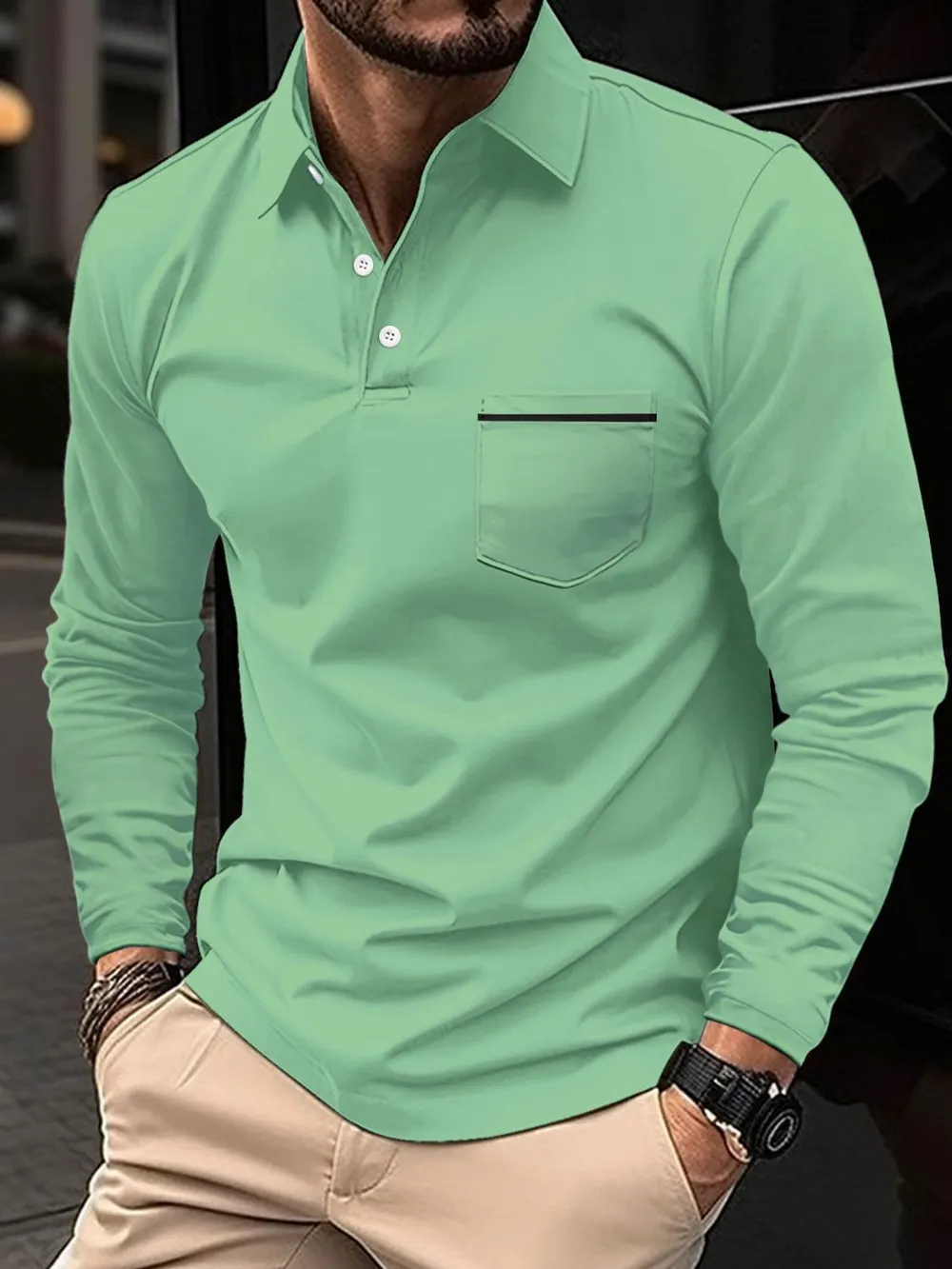 Men's Full Size Button Detail Long Sleeve Polo Plus Size, image 8