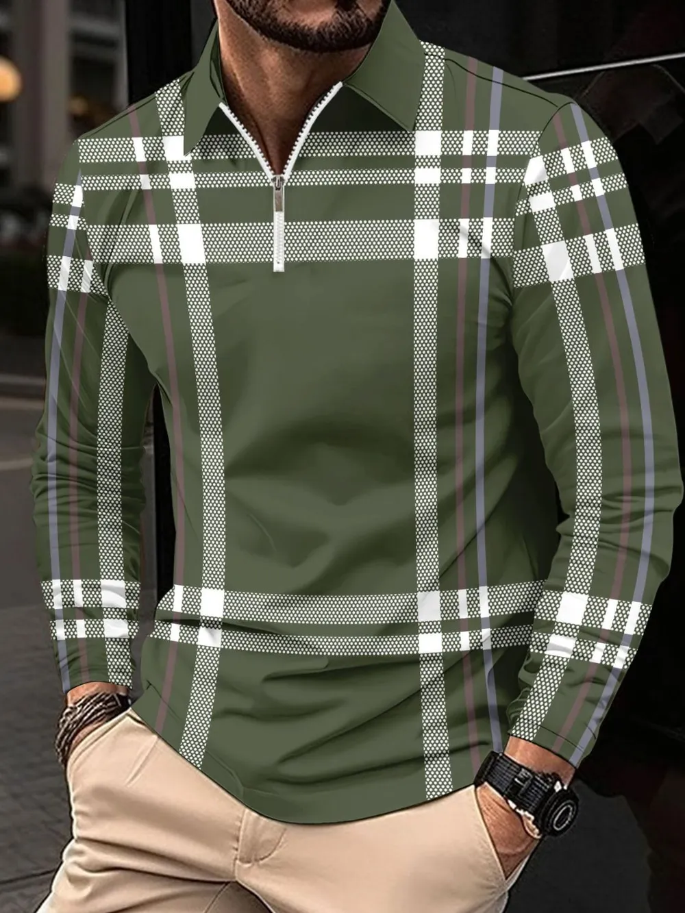 Men's Full Size Plaid Zip Collar Long Sleeve Polo Plus Size
