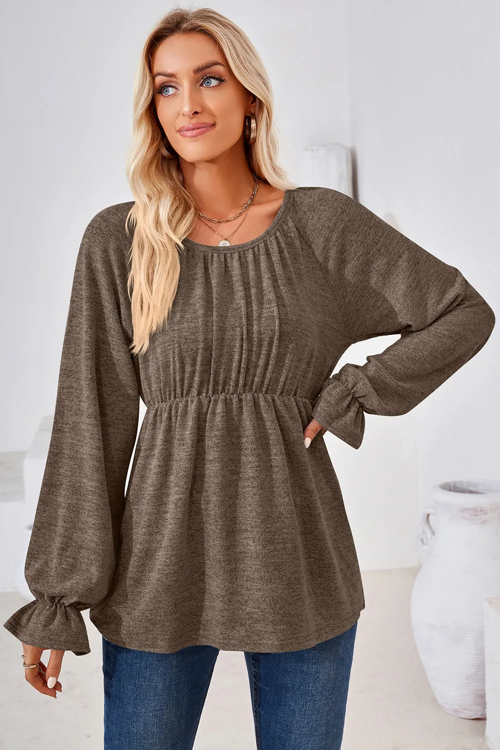 Ruched Round Neck Flounce Sleeve Blouse, image 10