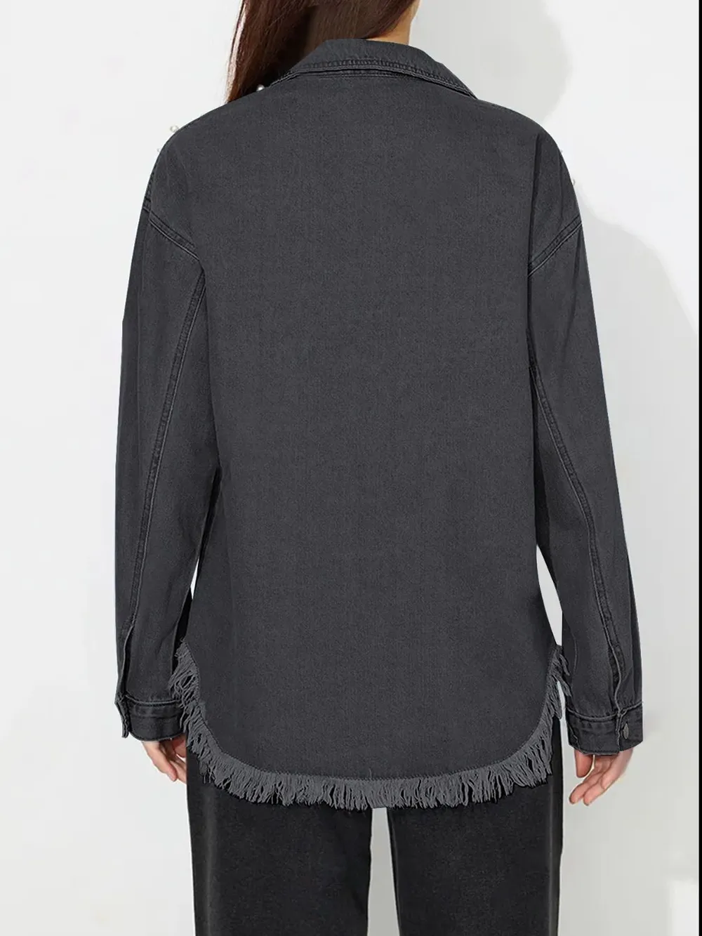 Raw Hem Pearl Trim Collared Neck Denim Top, image 15