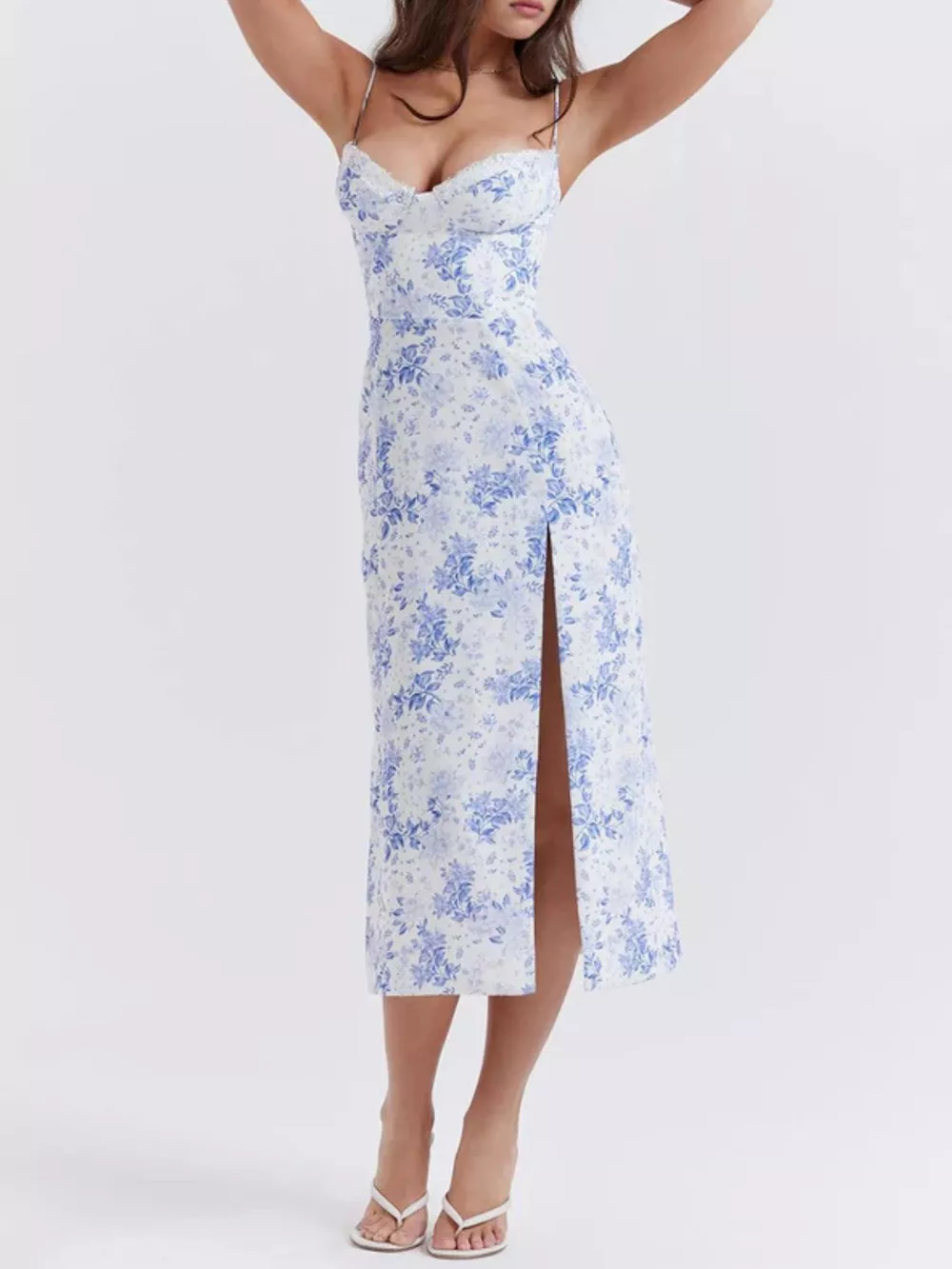 Floral Print Lace Trim Slit Midi Dress, image 16