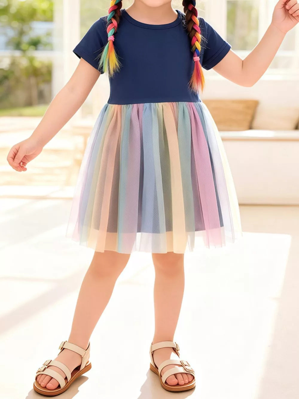 Children's Short Sleeve Rainbow Tulle Dress