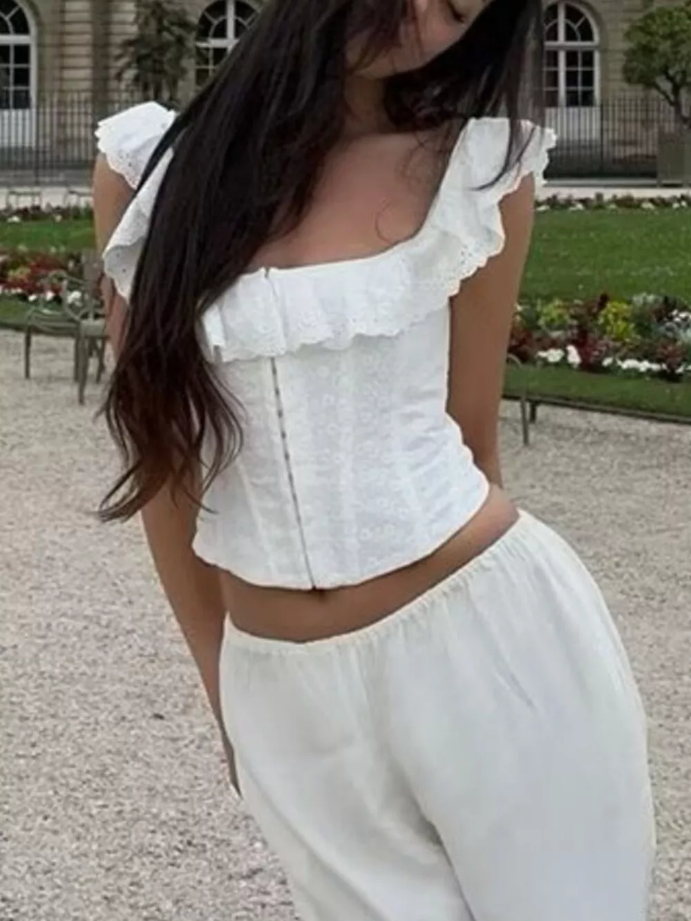 Lace Up Back Eyelet Ruffle Trim Tank, image 2