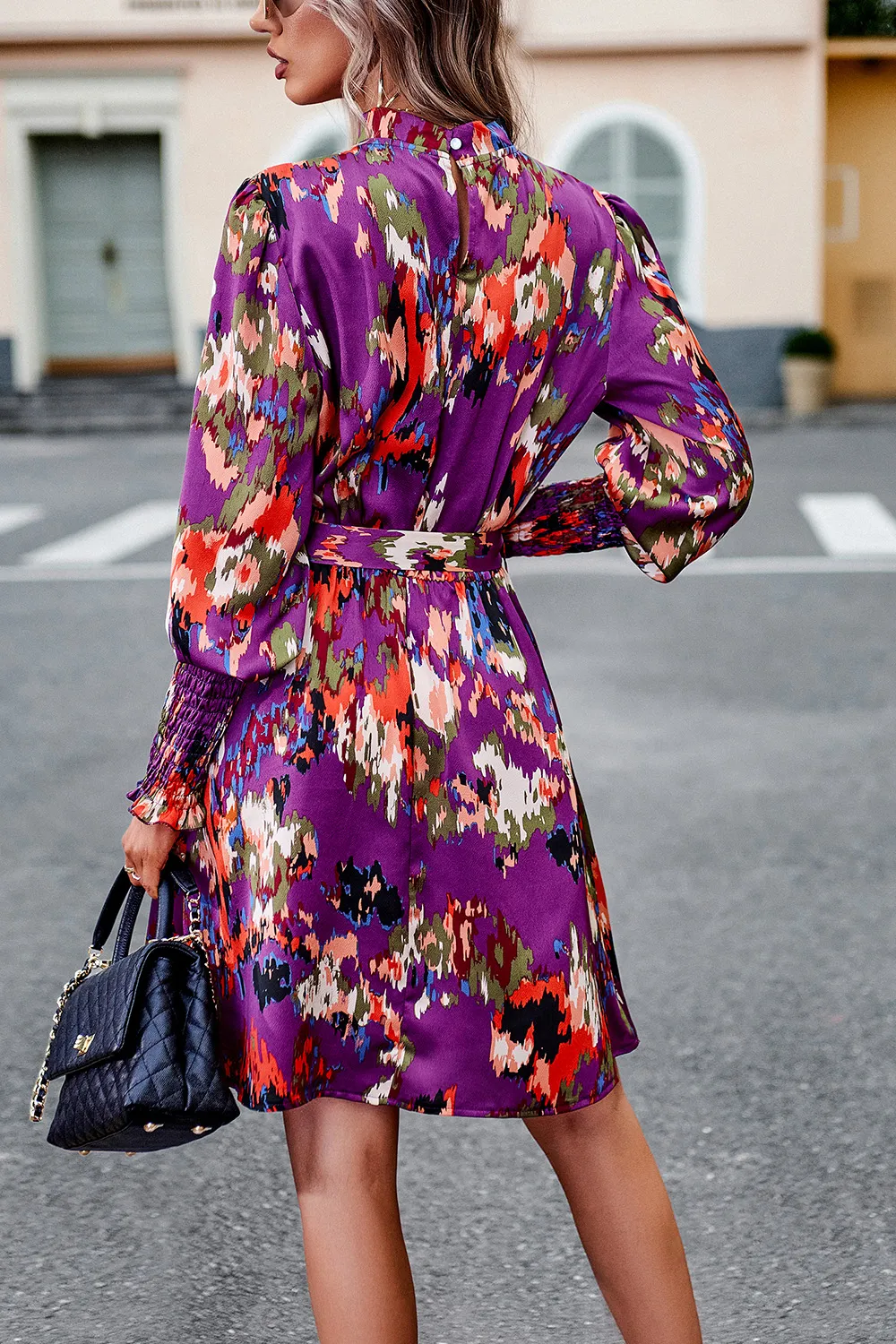Printed Tie Waist Mock Neck Lantern Sleeve Dress, image 3