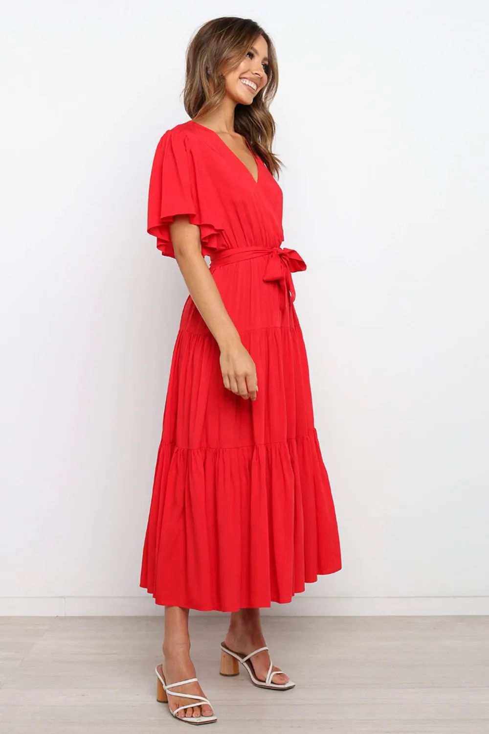 Front Tie Short Sleeve Tiered Midi Dress, image 2