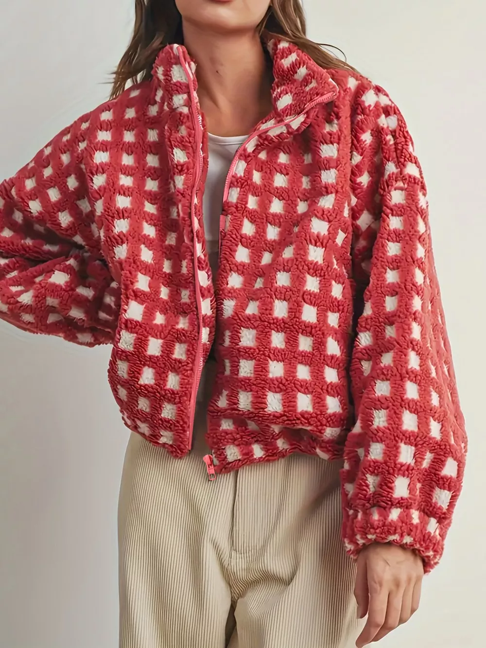 Plaid Zip Up Sherpa Jacket, image 5