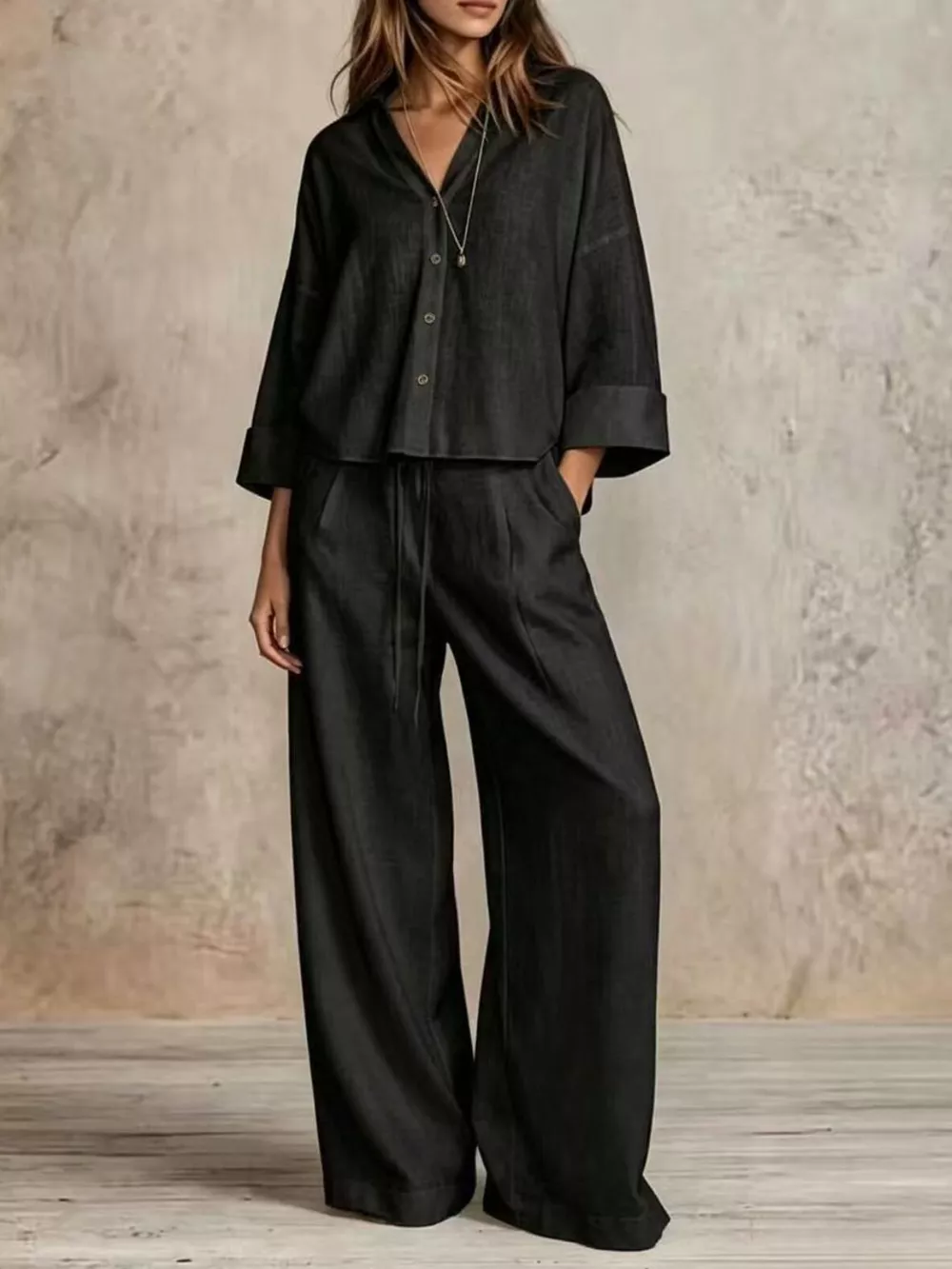 Full Size Button-Down Shirt and Wide-Leg Pants Set Plus Size, image 4