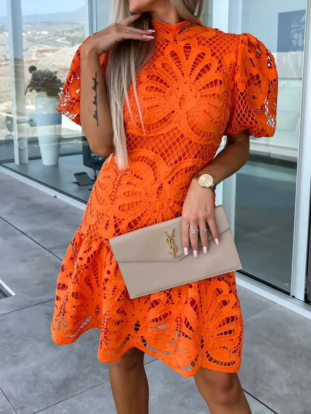 Lace Mock Neck Puff Sleeve Dress, image 2