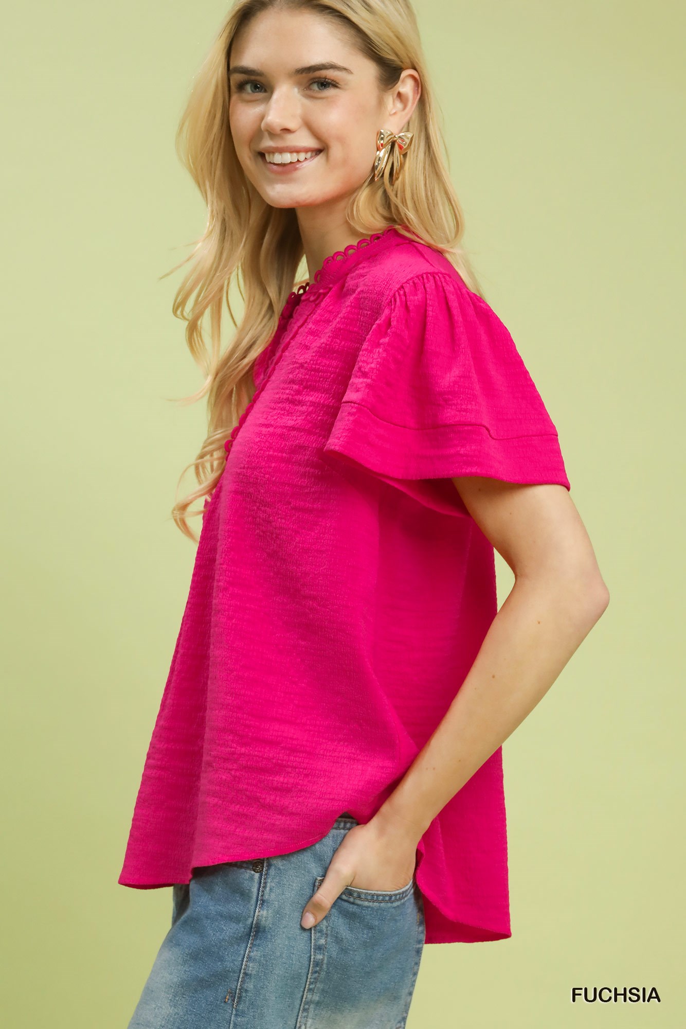 Seersucker Short Sleeve Top with Lace Trim, image 2
