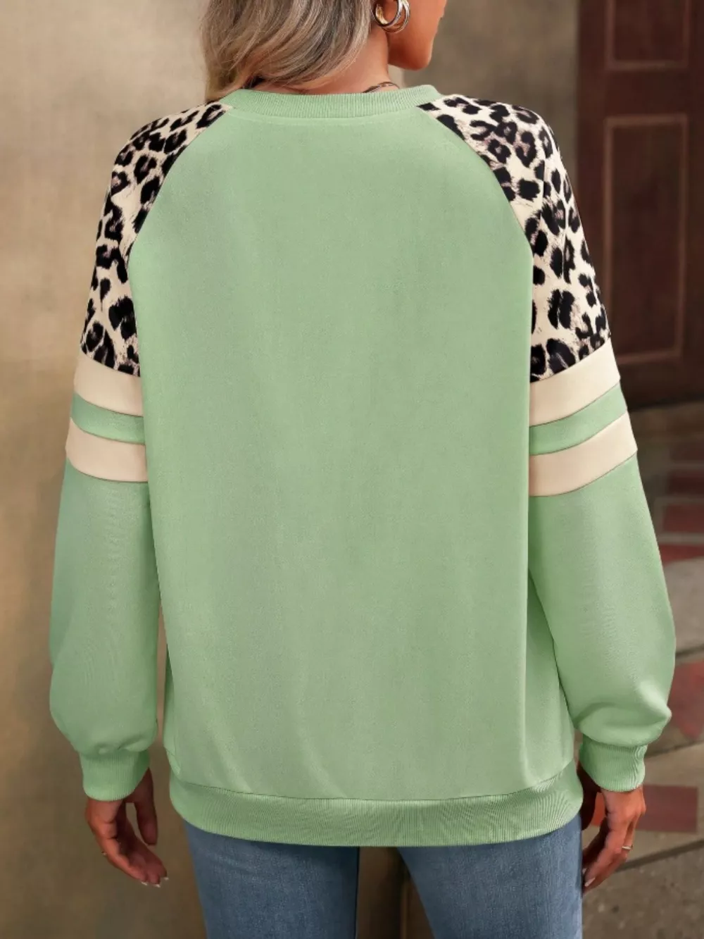 Leopard Raglan Sleeve Striped Sweatshirt, image 2