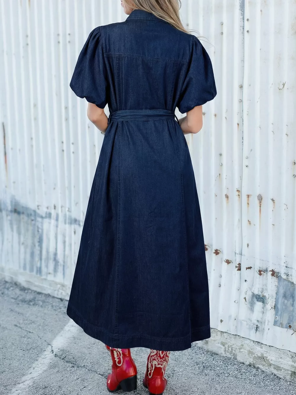 Belted Button-Down Midi Denim Dress, image 2