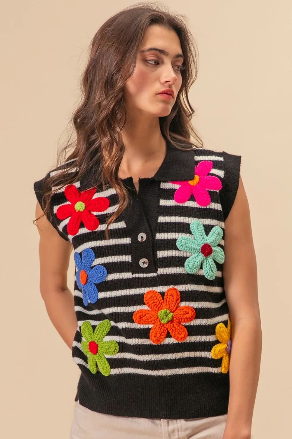 Flower Patch Striped Half Button Sweater Vest, image 2