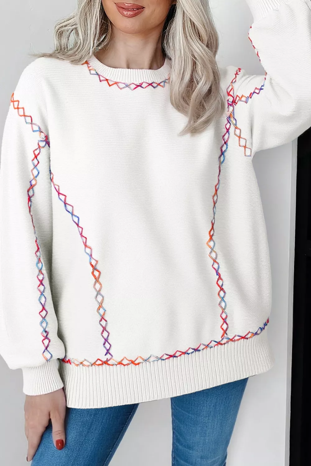 Rainbow Stitching Long Sleeve Relaxed Sweater, image 2