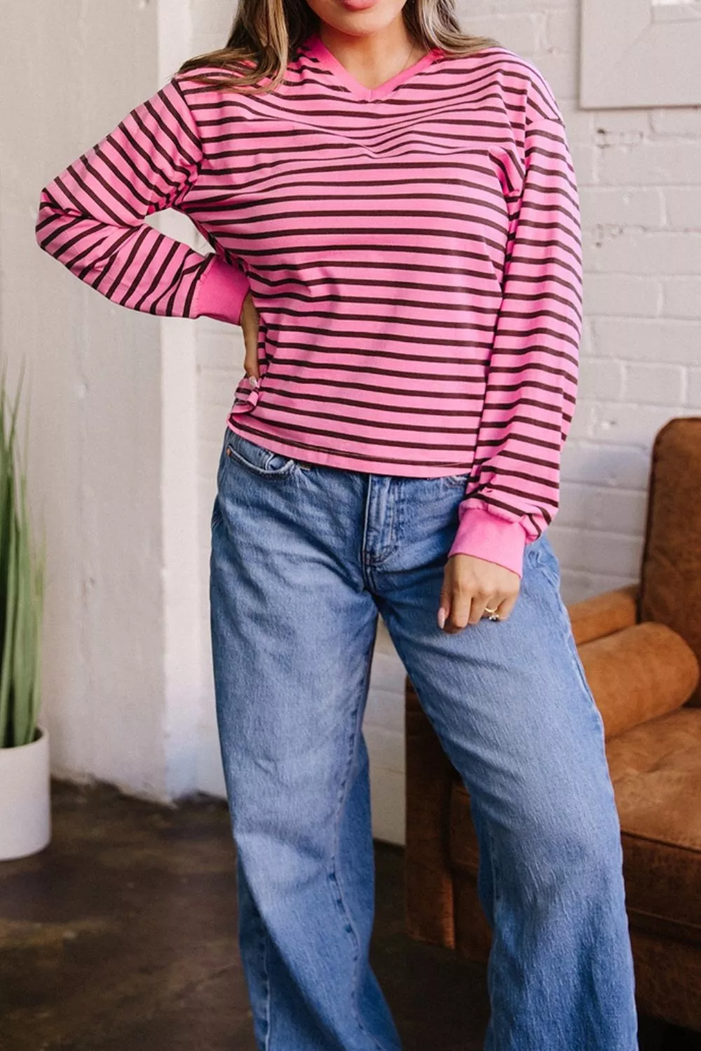 Stripe V Neck Drop Shoulder Long Sleeve Top, image 4