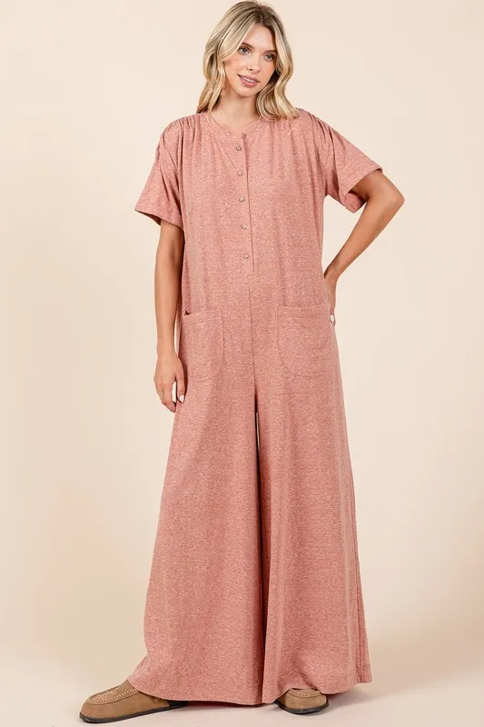 Button Detail Short Sleeve Wide Leg Jumpsuit, image 3