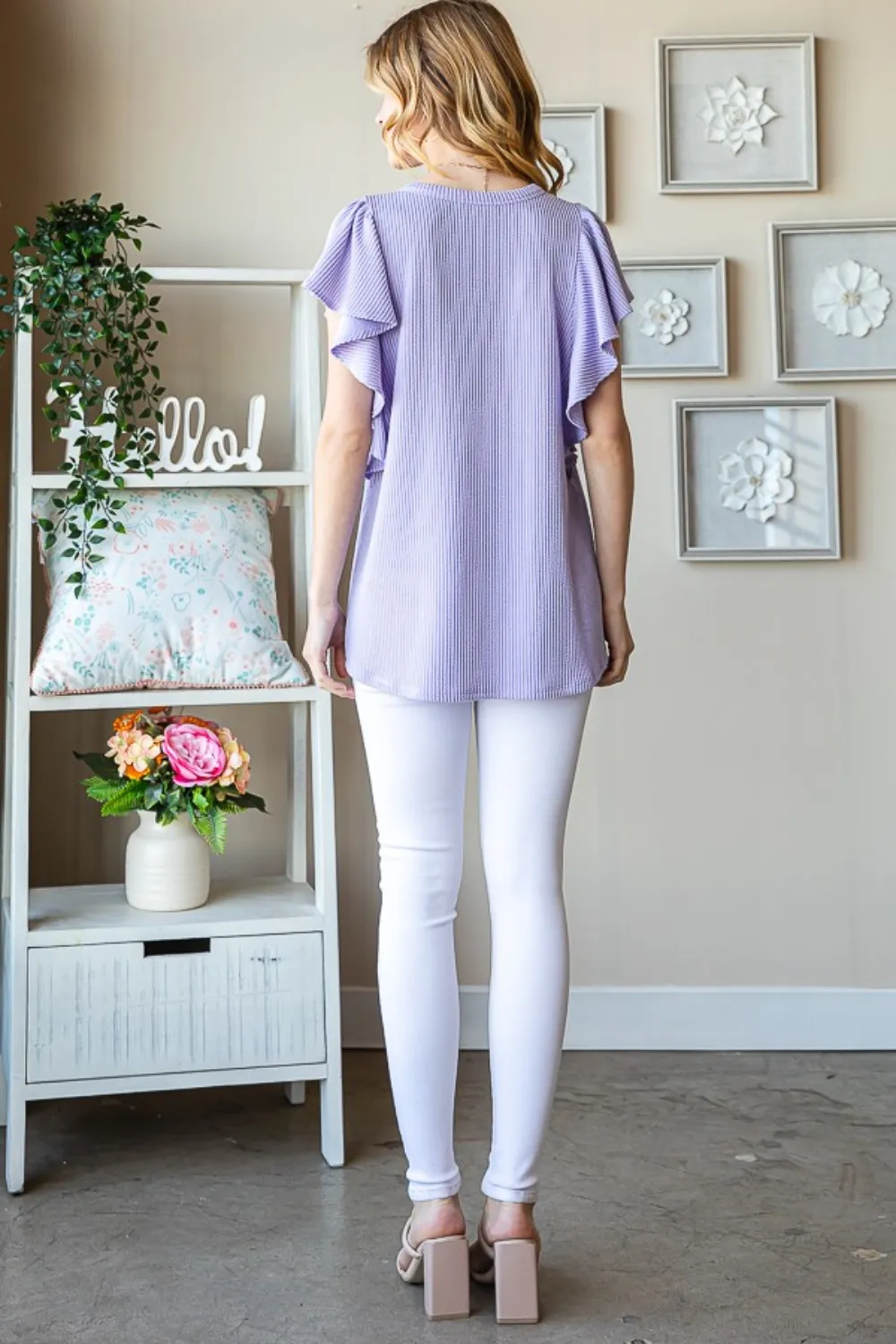 Full Size Ruffled Sleeve Ribbed Top, image 5