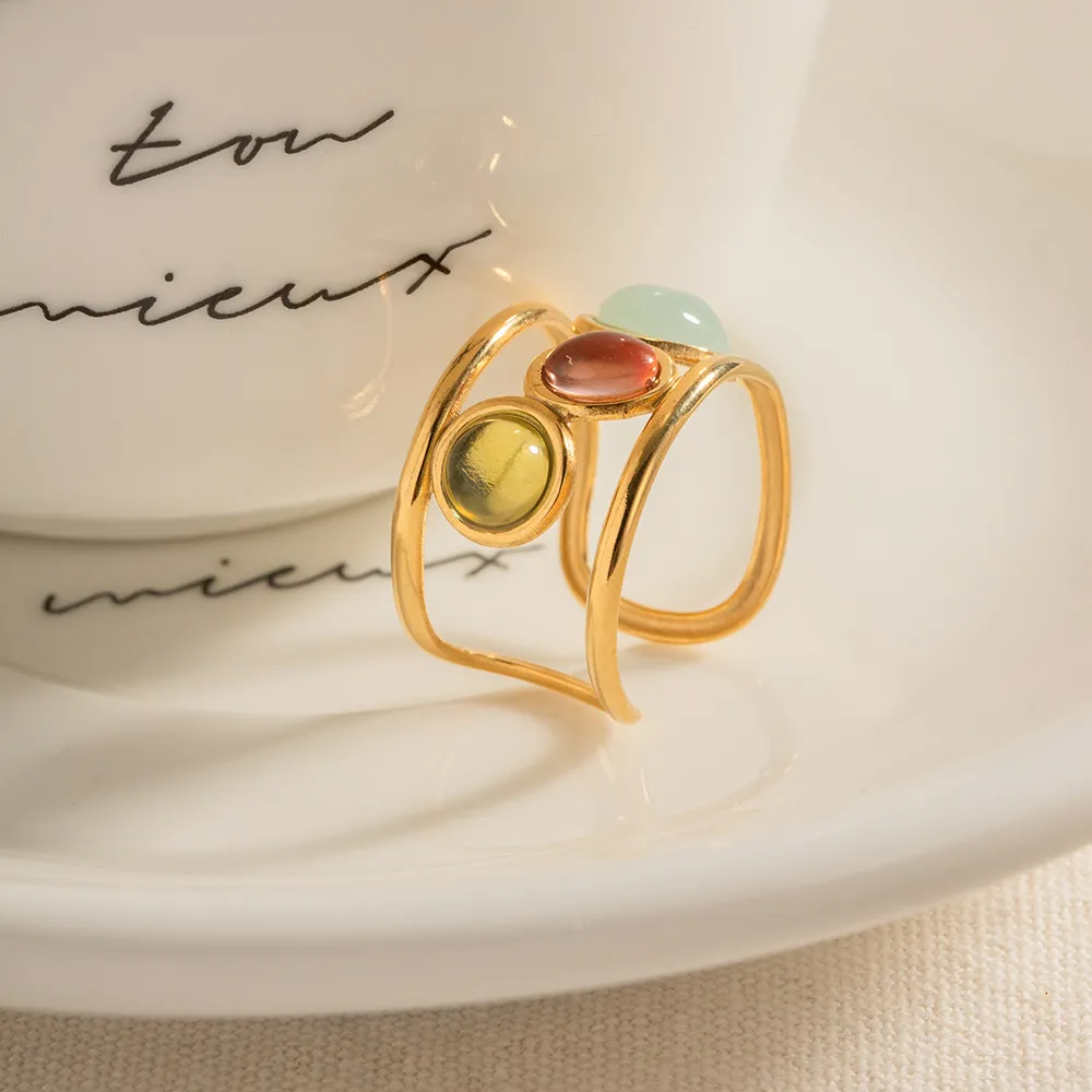 18K Gold-Plated Gemstone Open Cuff Ring, image 2