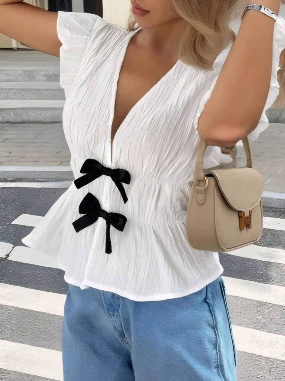Bow V-Neck Cap Sleeve Blouse, image 2