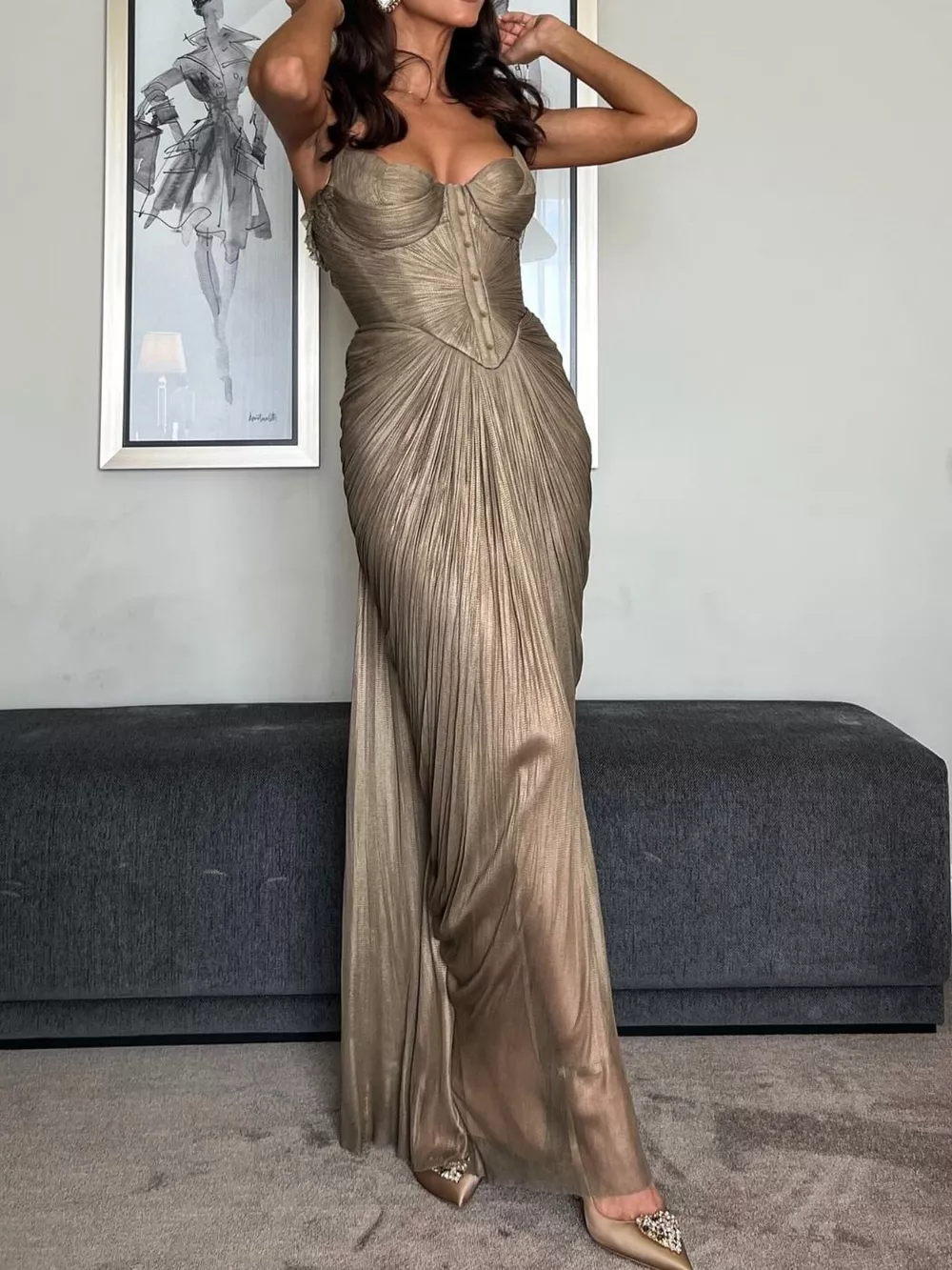 Metallic Pleated Corset Maxi Dress, image 3
