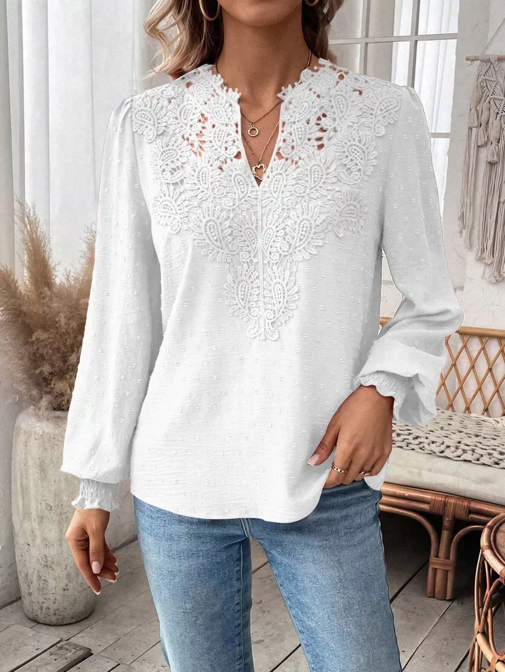 Swiss Dot Lace Detail Long Sleeve Blouse, image 2