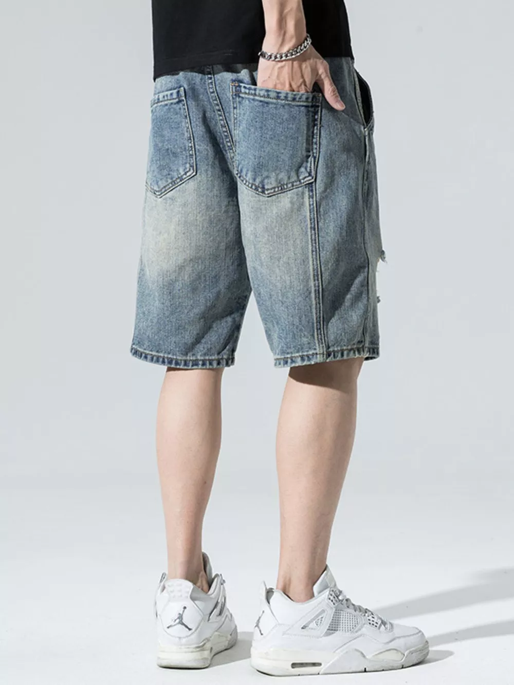 Men's Distressed Wide Leg Denim Shorts, image 6