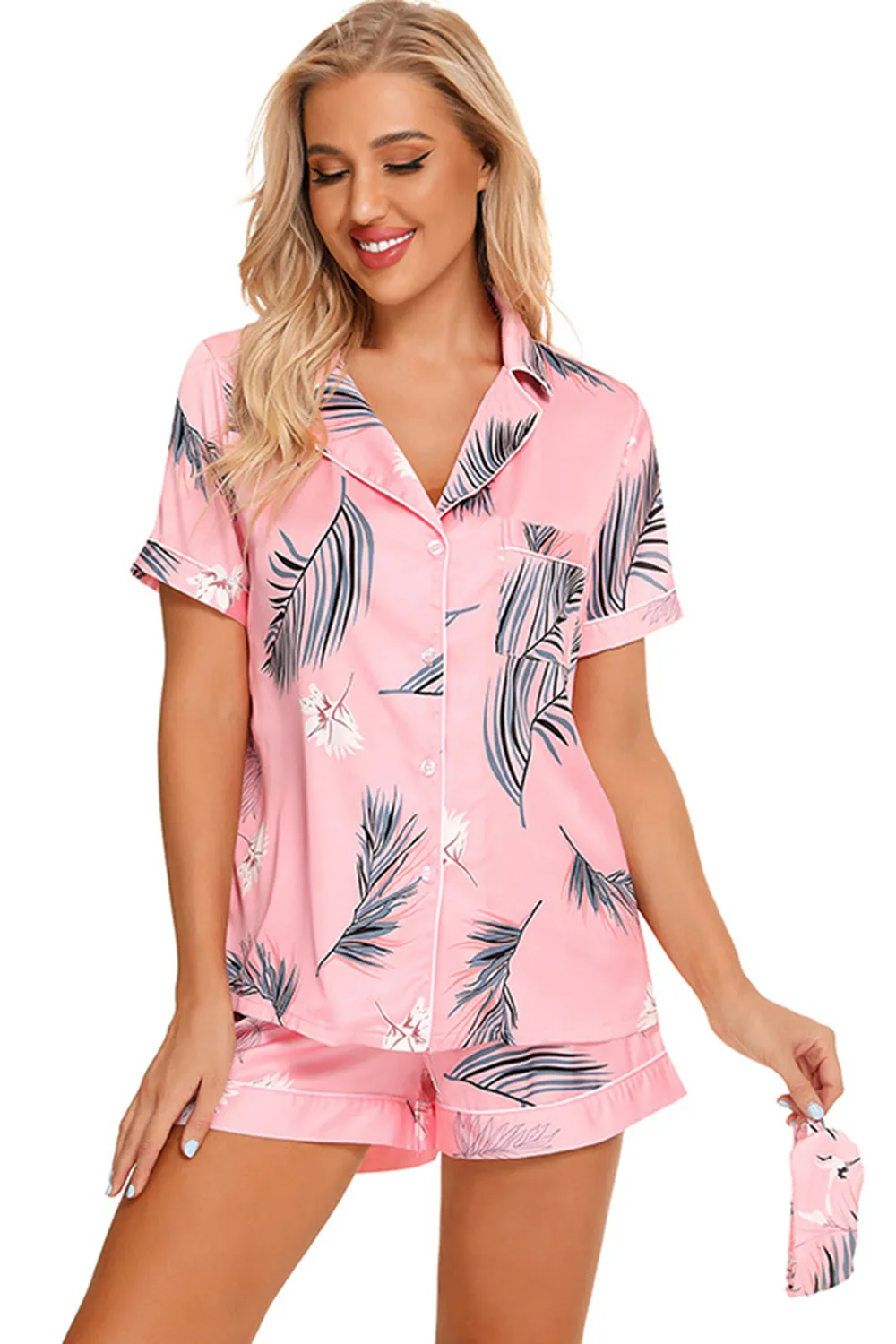 Printed Button Up Short Sleeve Top and Shorts Lounge Set, image 2